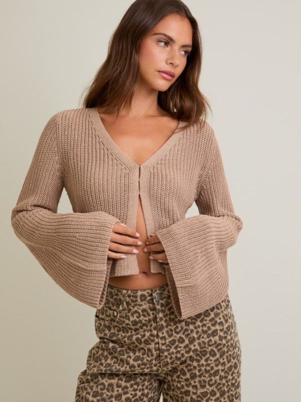 Le Lis Women's V-Neck Cropped Bell-Sleeve Sweater in Taupe